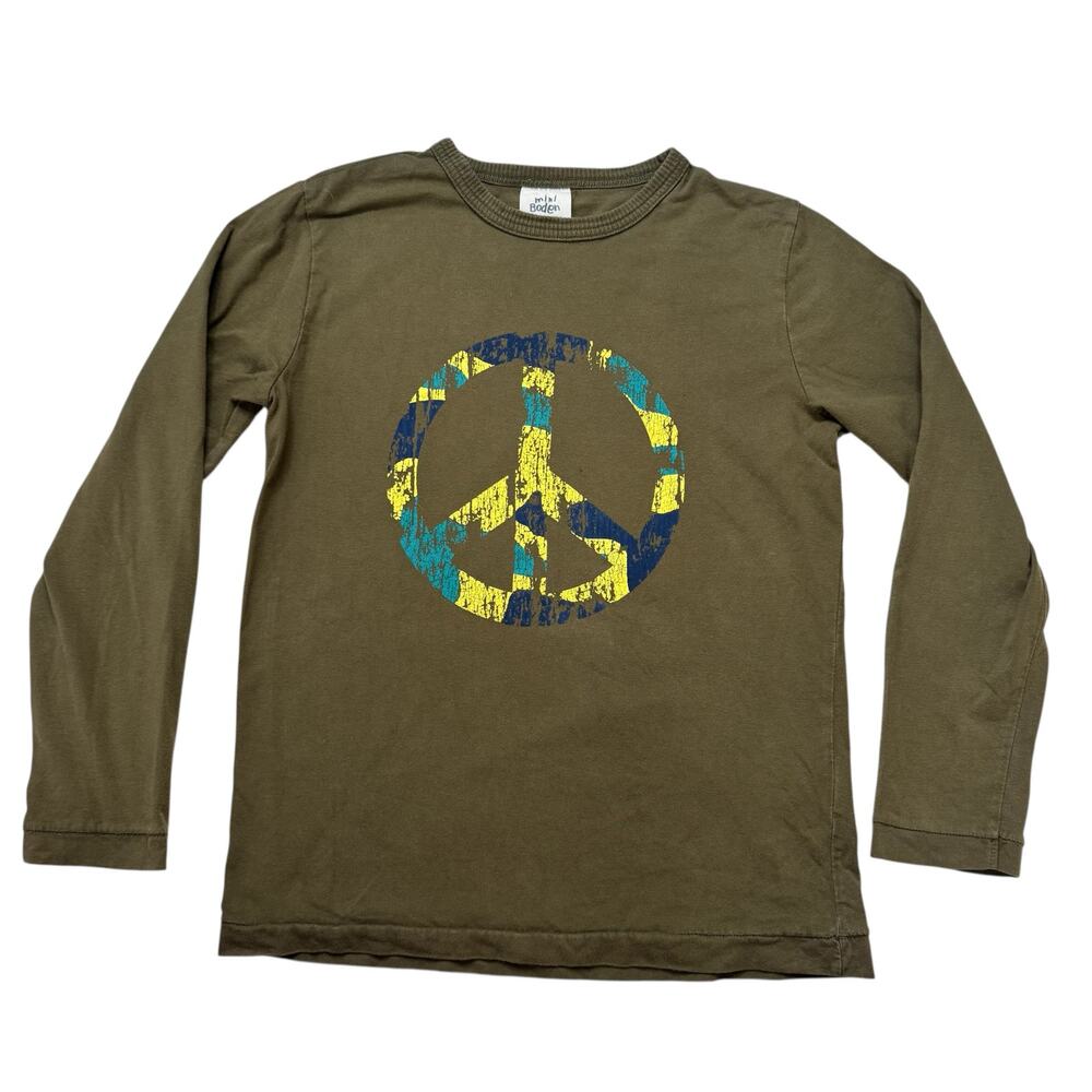 MINI BODEN Peace Sign Graphic Long Sleeve Tee Size 9-10 Kids Boys Green Blue